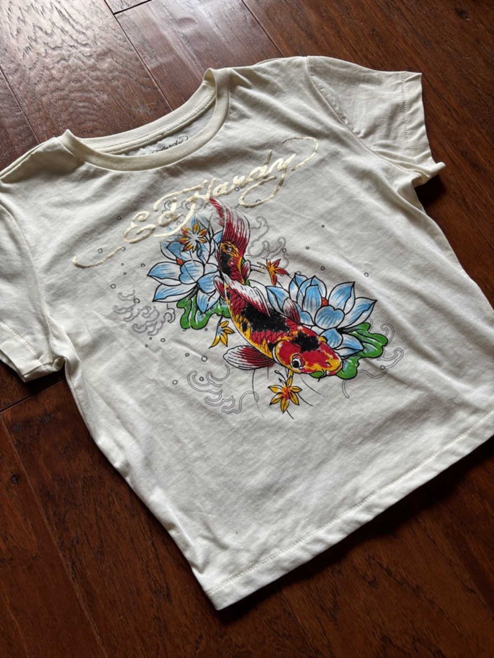 Ed Hardy Cream Koi Fish Graphic Tee | Size S | Floral Tattoo Style - Picture 2 of 9